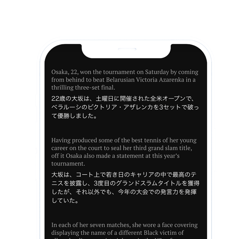 原文と翻訳文を並べて表示できる「ミックス機能」