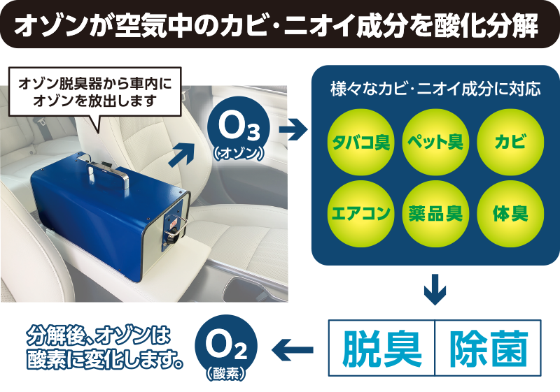 オゾンが空気中のカビ・ニオイ成分を参加分解